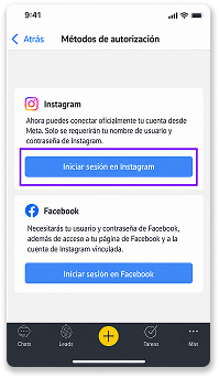 Login options for Instagram and Facebook displayed on a mobile app interface.